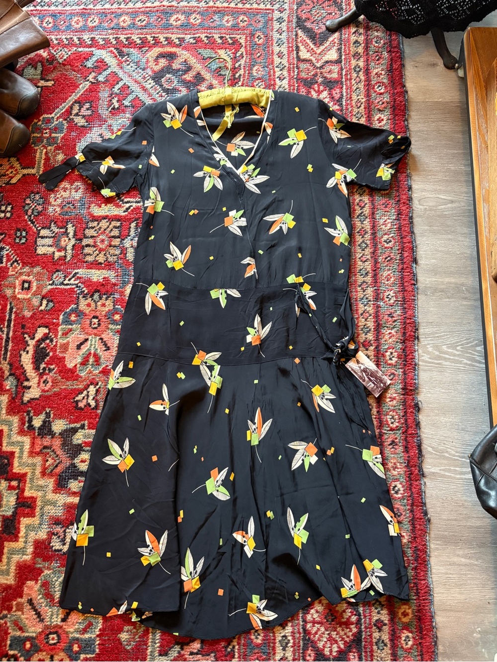 Vintage Black Midi Dress with Orange and Lime Floral Print Art Deco